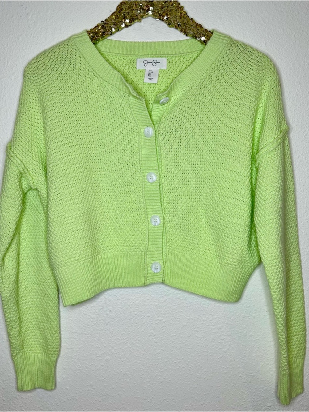 Jessica Simpson Honeydew Lime Green Cropped Knit Cardigan L